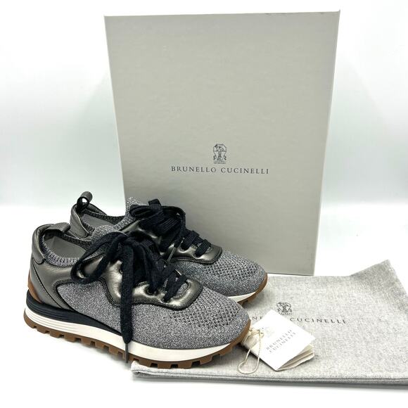 NEW Brunello Cucinelli Metallic Knit and Leather Sneakers Size 35.5 (US 5.5) - Picture 1 of 12